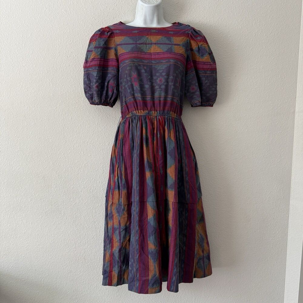 Vtg Connections 80s Ikat Aztec Puff Sleeve Midi Dress Purple Magenta Boho